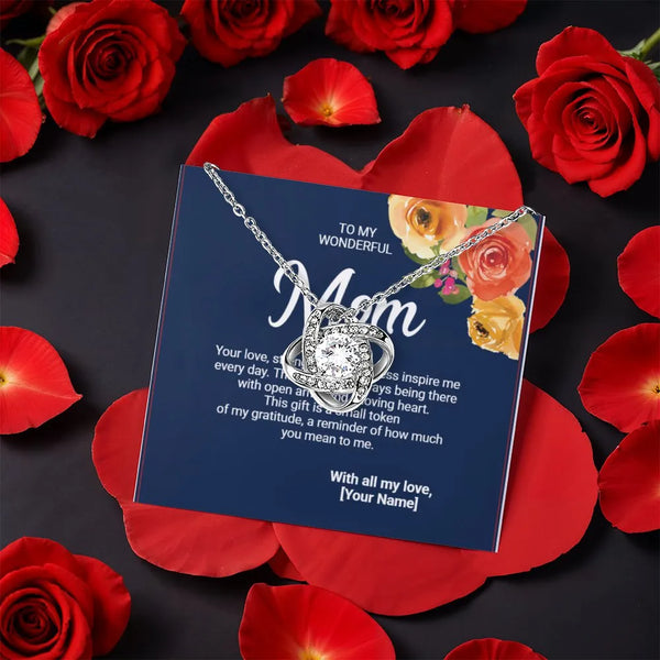 Mother Love Knot Necklace, Love Knot Necklace for Mom, CZ Crystal Pendant Necklace, Rotating Rose Gift Box, Birthday Christma