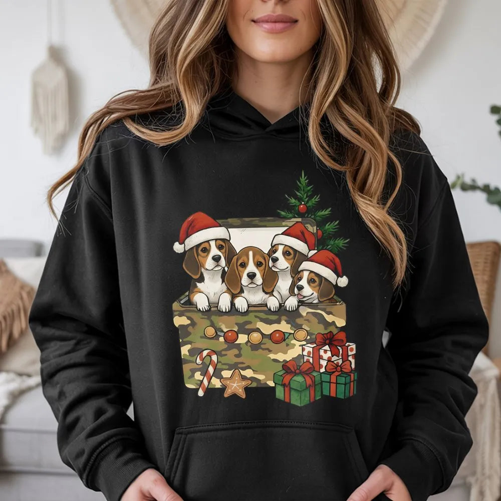 Puppies in Gift Box Hoodie, Beagle Christmas Hoodie, Adorable Beagle Dog Sweatshirt, Christmas Pet Lover Hoodie, Winter Dog H