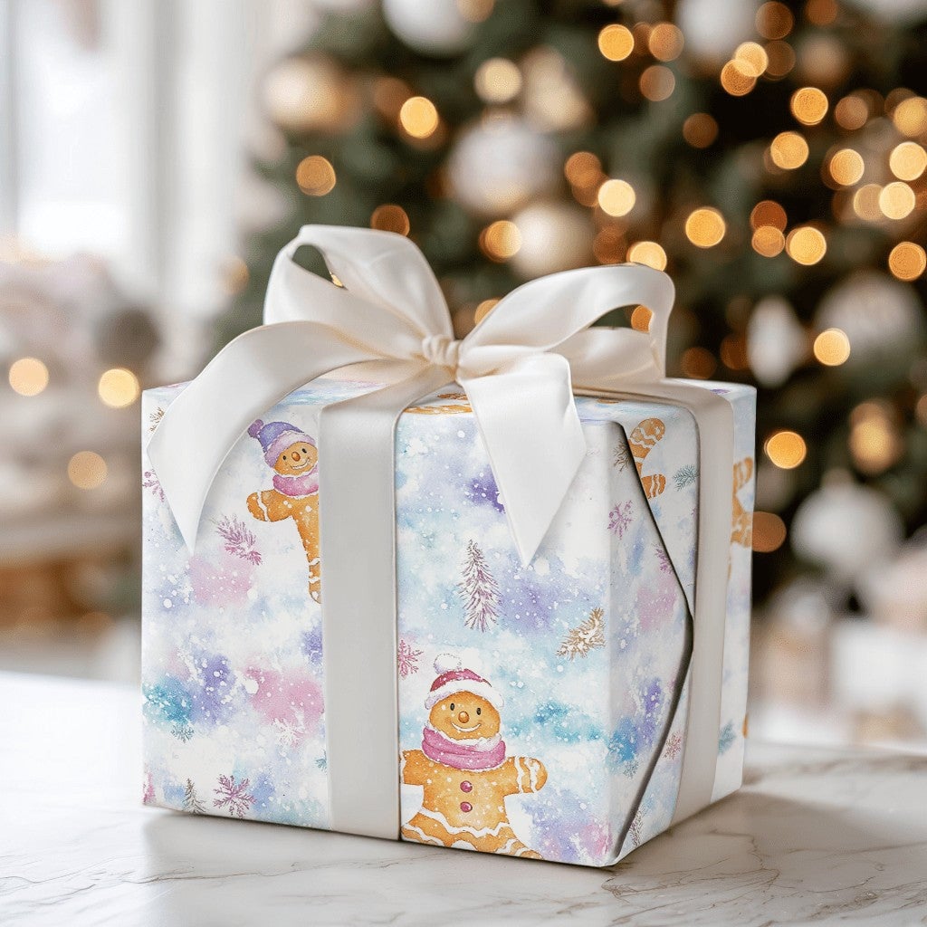 Pastel Winter Holiday Gift Wrap, Watercolor Gingerbread Man Wrapping Paper, Whimsical Christmas Wrapping Paper, Snowy Forest 