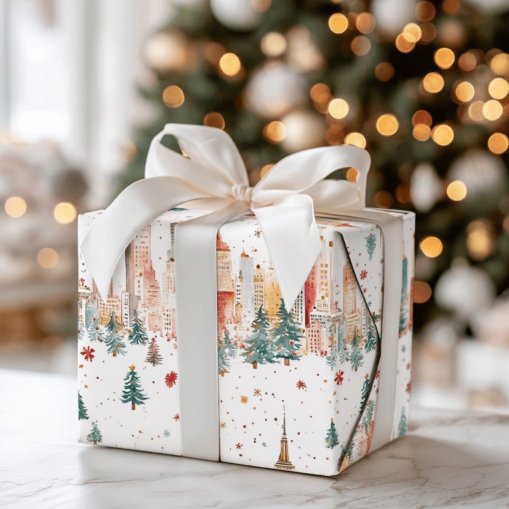 New York Holiday Gift Wrap, NYC Skyline Christmas Wrapping Paper, Watercolor Cityscape Wrapping Paper, Festive Winter Present