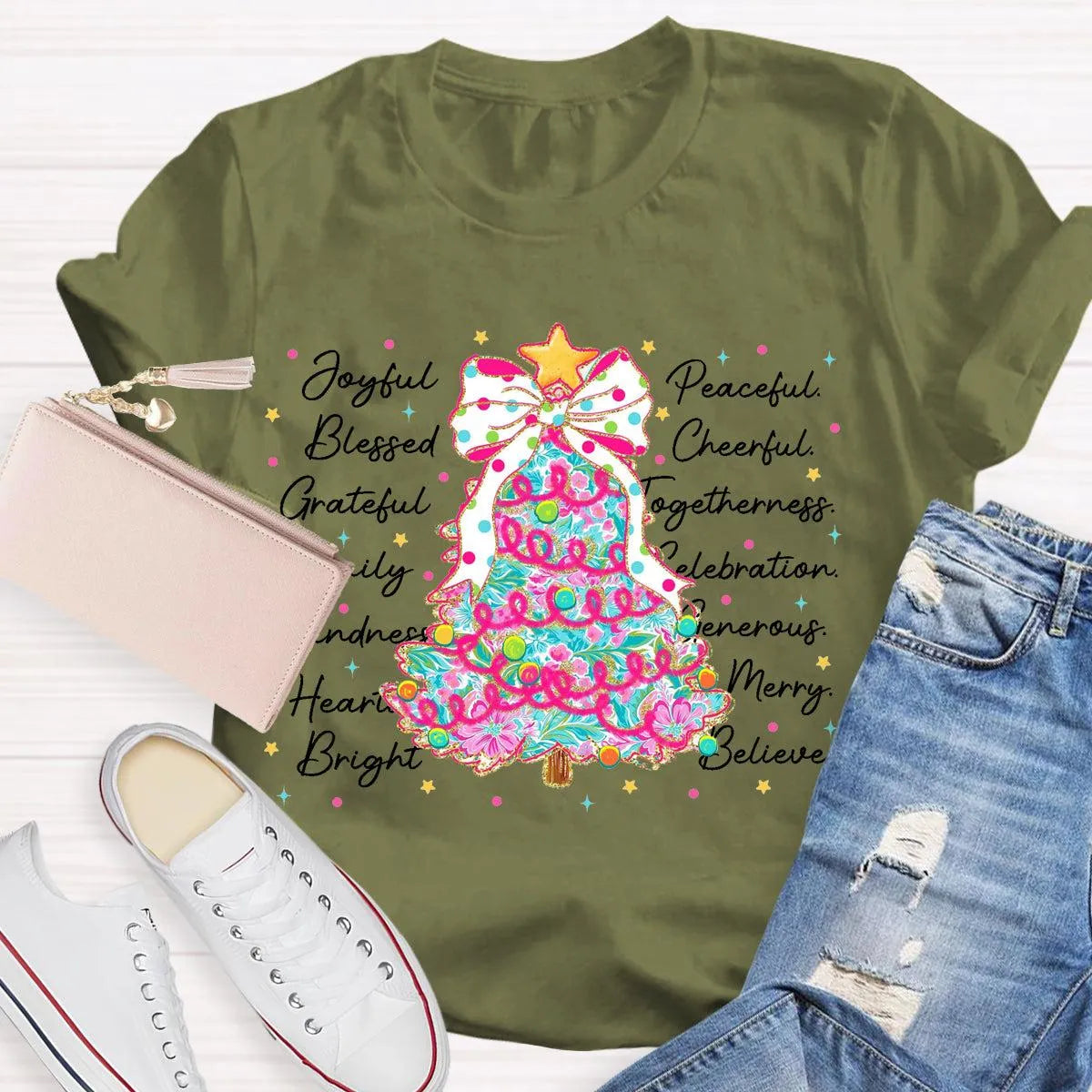 Aesthetic Holiday Graphic Tee, Joyful Peaceful Cheerful Christmas Tree T-Shirt, Retro Xmas Tree Shirt, Festive Winter Holiday