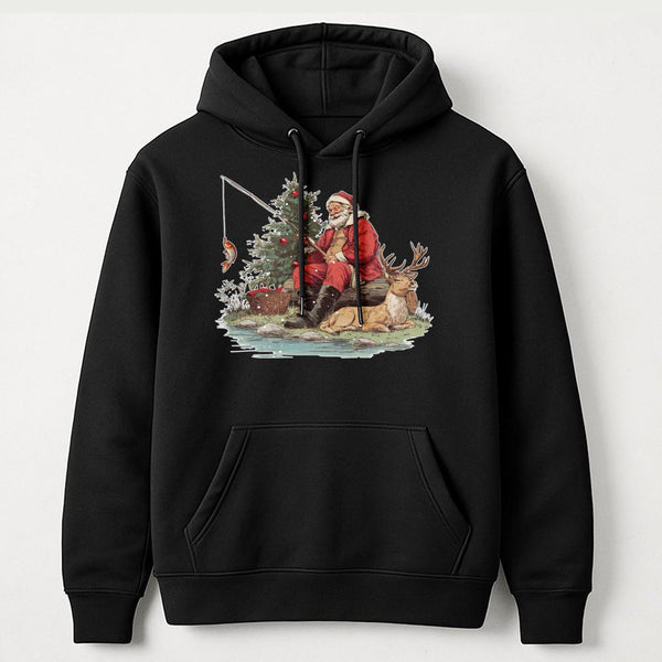 Humorous Outdoors Fisherman Holiday Hoodie, Fishing Santa Christmas Hoodie, Vintage Angler Santa Graphic Hoodie, Fish Dad Xma
