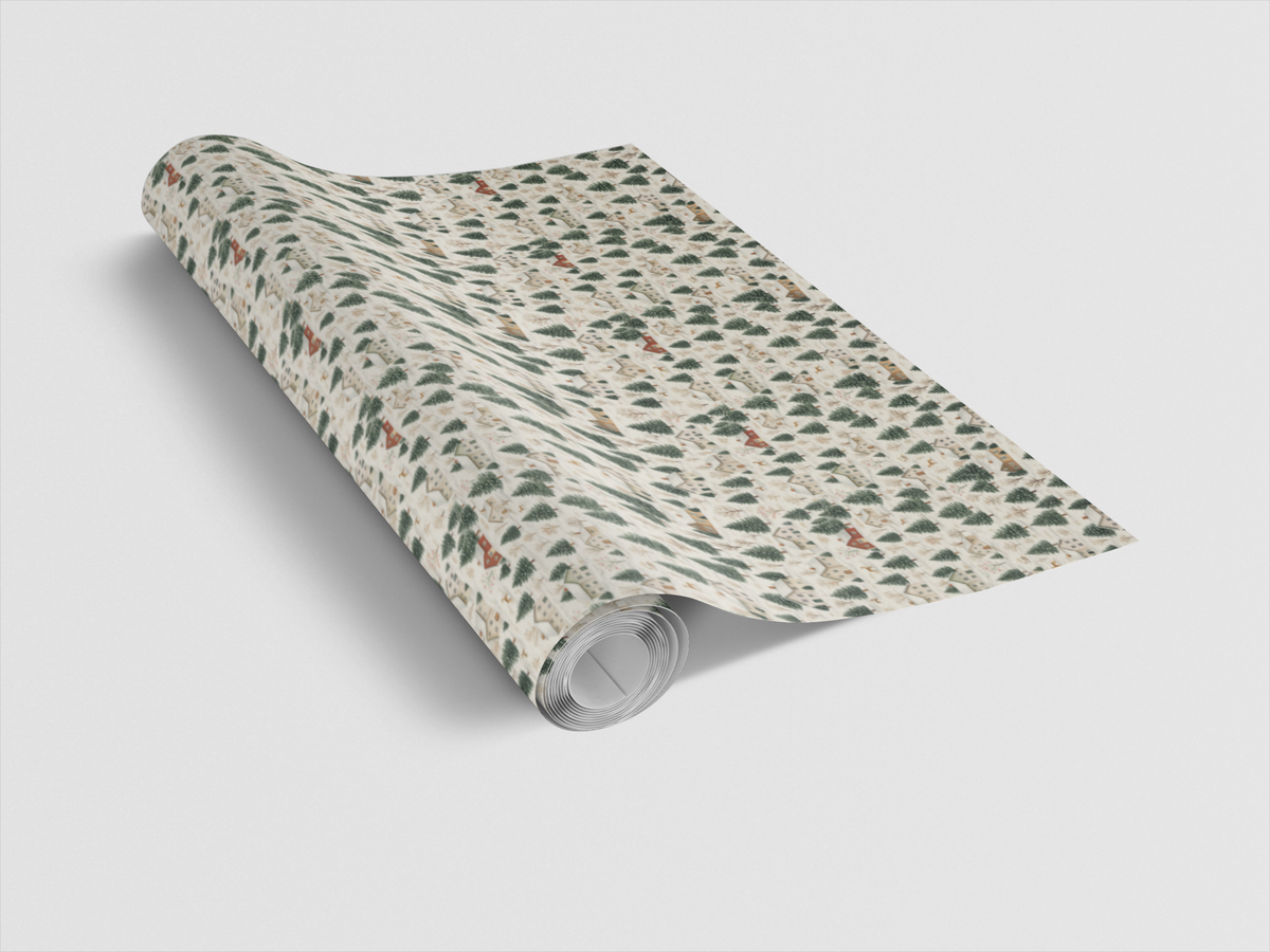 Snowy Pine Christmas Gift Wrap, Winter Village Cottage Wrapping Paper, Comfy Holiday Deer Wrapping Paper, Winter Cabin Presen