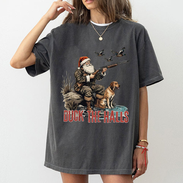 Humorous Santa Claus Duck Hunter Tee, Duck the Halls Hunting T-Shirt, Christmas Waterfowl Graphic Shirt, Outdoorsman Holiday 