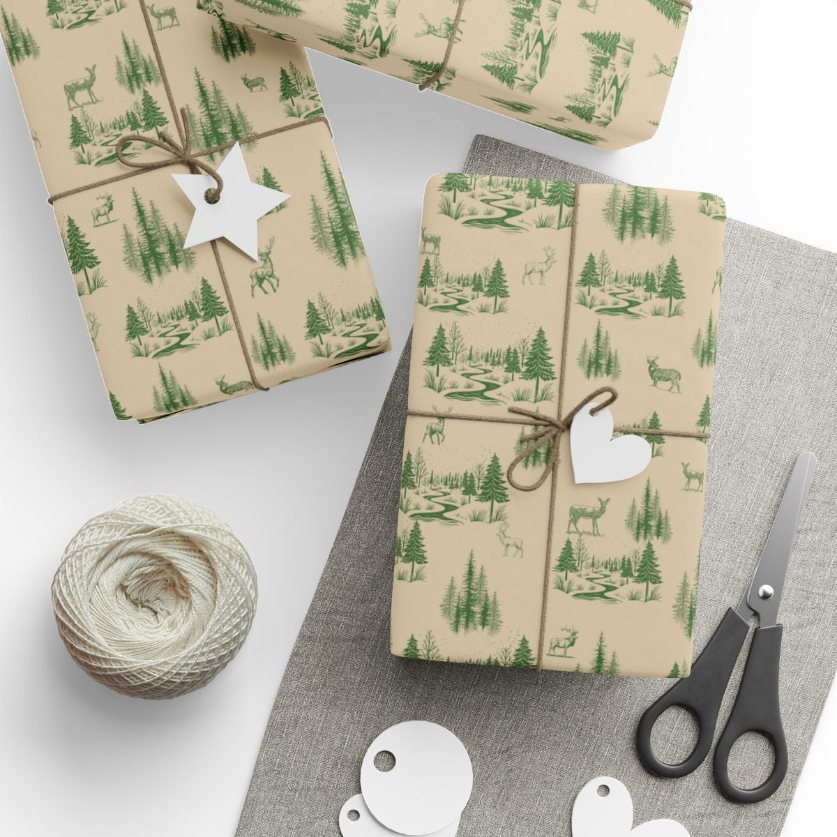 Deer Pine Tree Gift Wrap, Rustic Woodland Wrapping Paper, Forest Animal Christmas Present Paper, Nature Winter Wrapping Paper