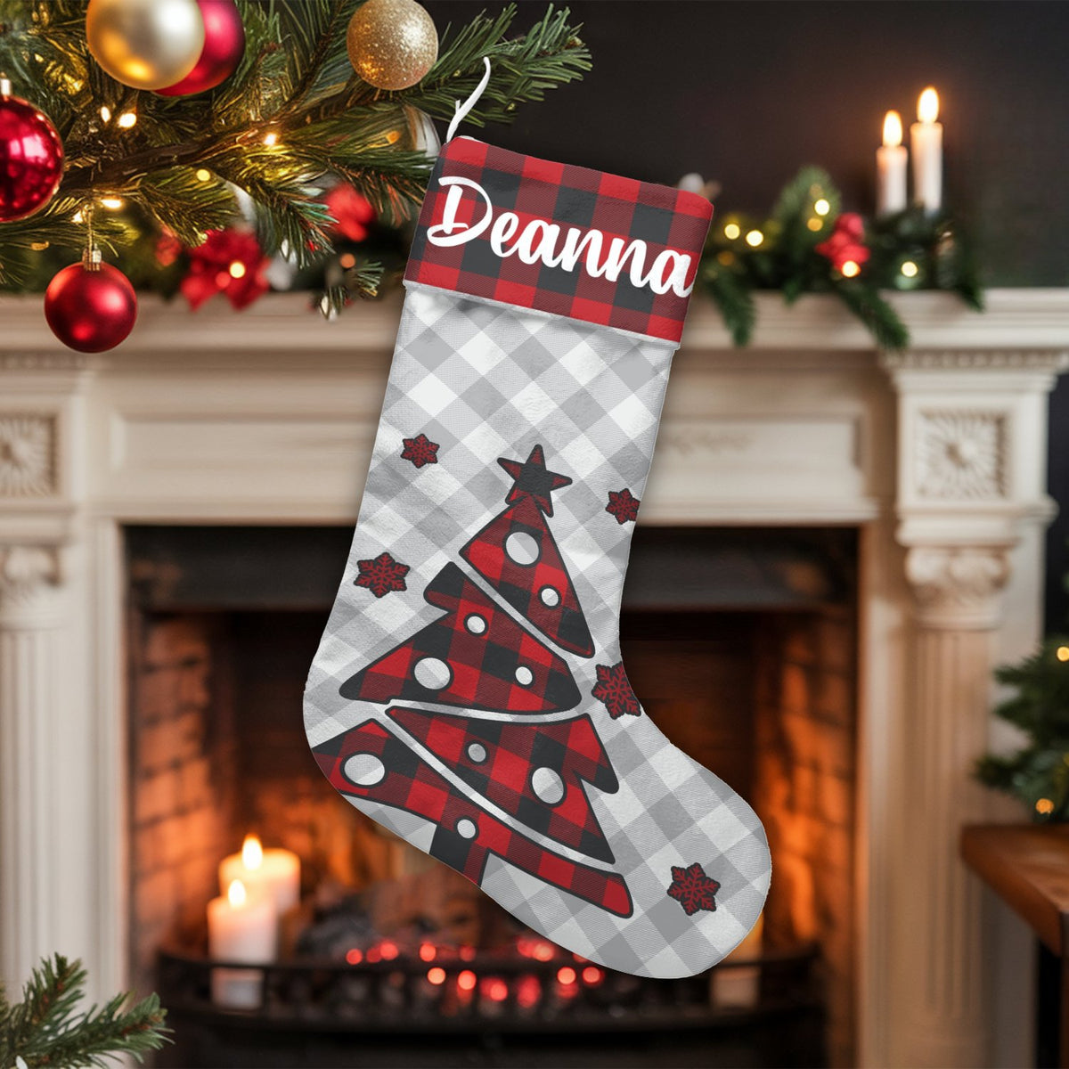 Custom Name Christmas Stocking, Personalized Buffalo Plaid Tree Christmas Stocking, Rustic Pine Holiday Stocking, Comfy Famil