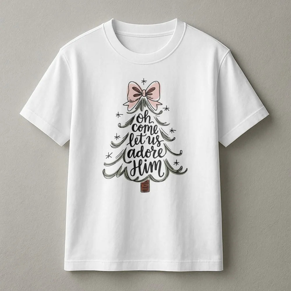 Minimalist Christmas Tree Script Tee, O Come Let Us Adore Him T-Shirt, Christian Holiday Graphic Shirt, Religious Faith Xmas 