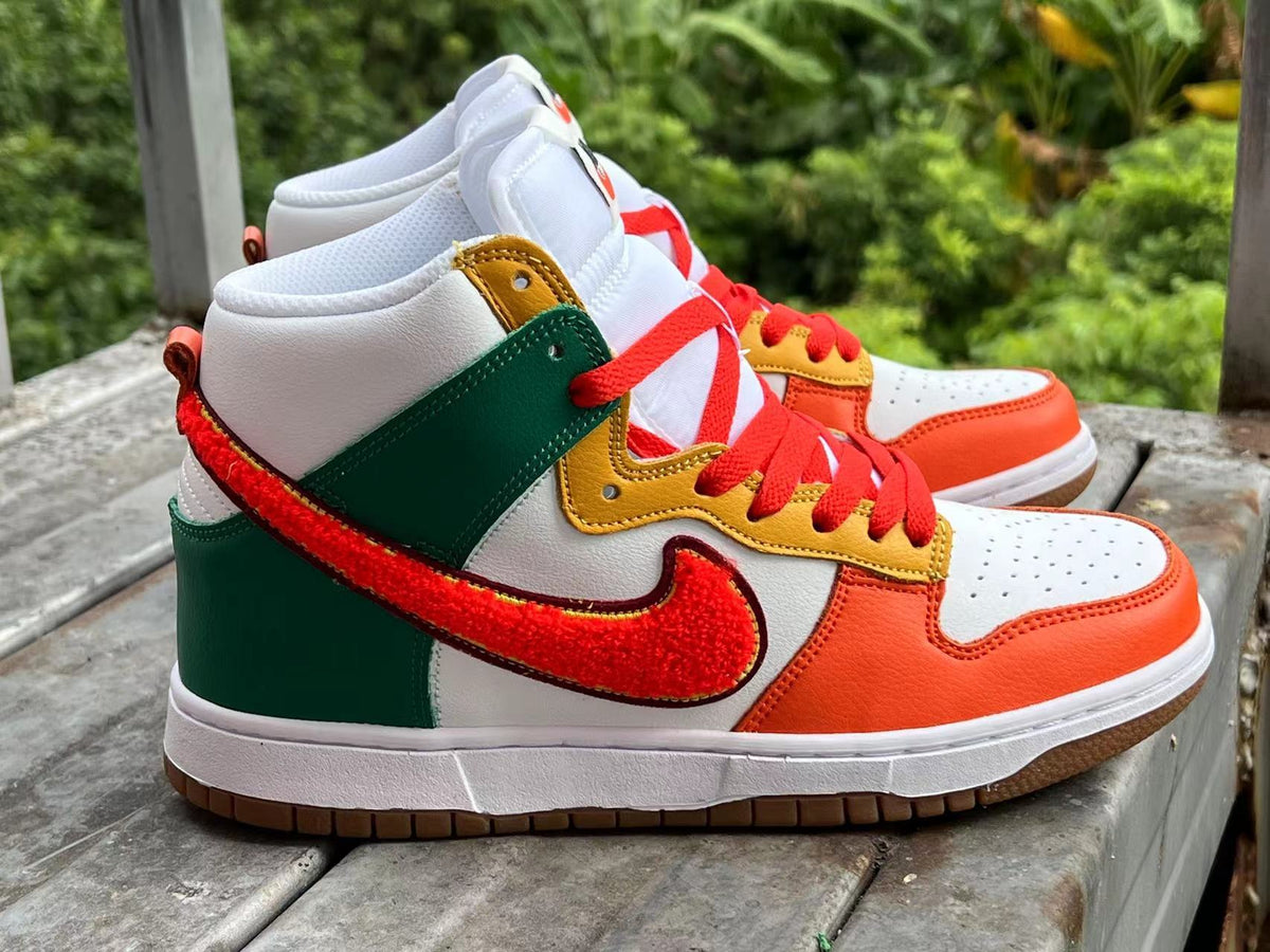 High Top Sneakers, Orange White Green Colorway, Lace Up Design, Casual Gift for Sneaker Fans