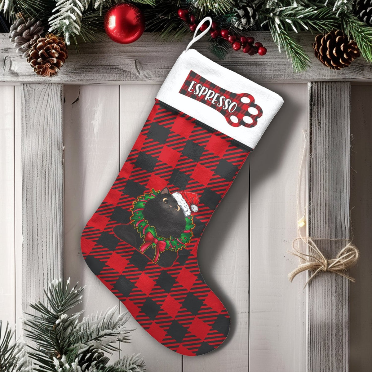 Buffalo Plaid Holiday Stocking, Personalized Black Cat Christmas Stocking, Custom Kitten Xmas Stocking, Adorable Cat Lover Pr