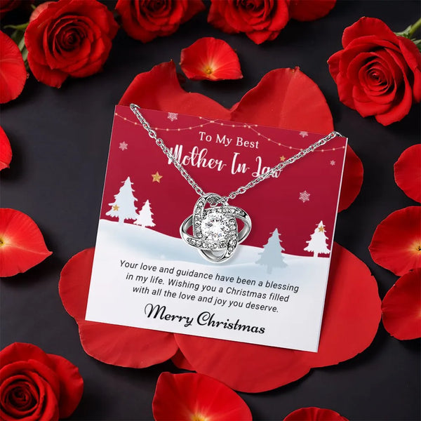 Rotating Rose Box MIL Necklace, Mother in Law Love Knot Necklace, CZ Crystal Love Knot Pendant, Christmas Holiday Present for