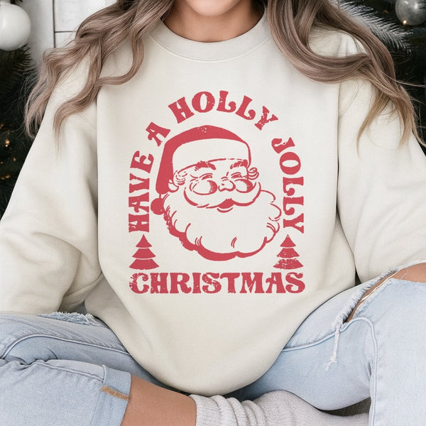 Holly Jolly Santa Graphic Crewneck, Retro Santa Christmas Sweatshirt, Vintage Holiday Aesthetic Pullover, Festive Xmas Presen