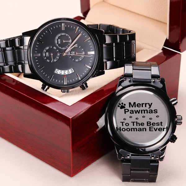 Engraved Chronograph Watch, Merry Pawmas Dog Lover Watch, Personalized Black Watch, Dog Dad Christmas Watch, Holiday Keepsake