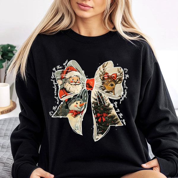 Vintage Holiday Sweatshirt, Christmas Bow Sweatshirt, Santa Reindeer Sweatshirt, Adorable Xmas Graphic Crewneck, Comfy Holida