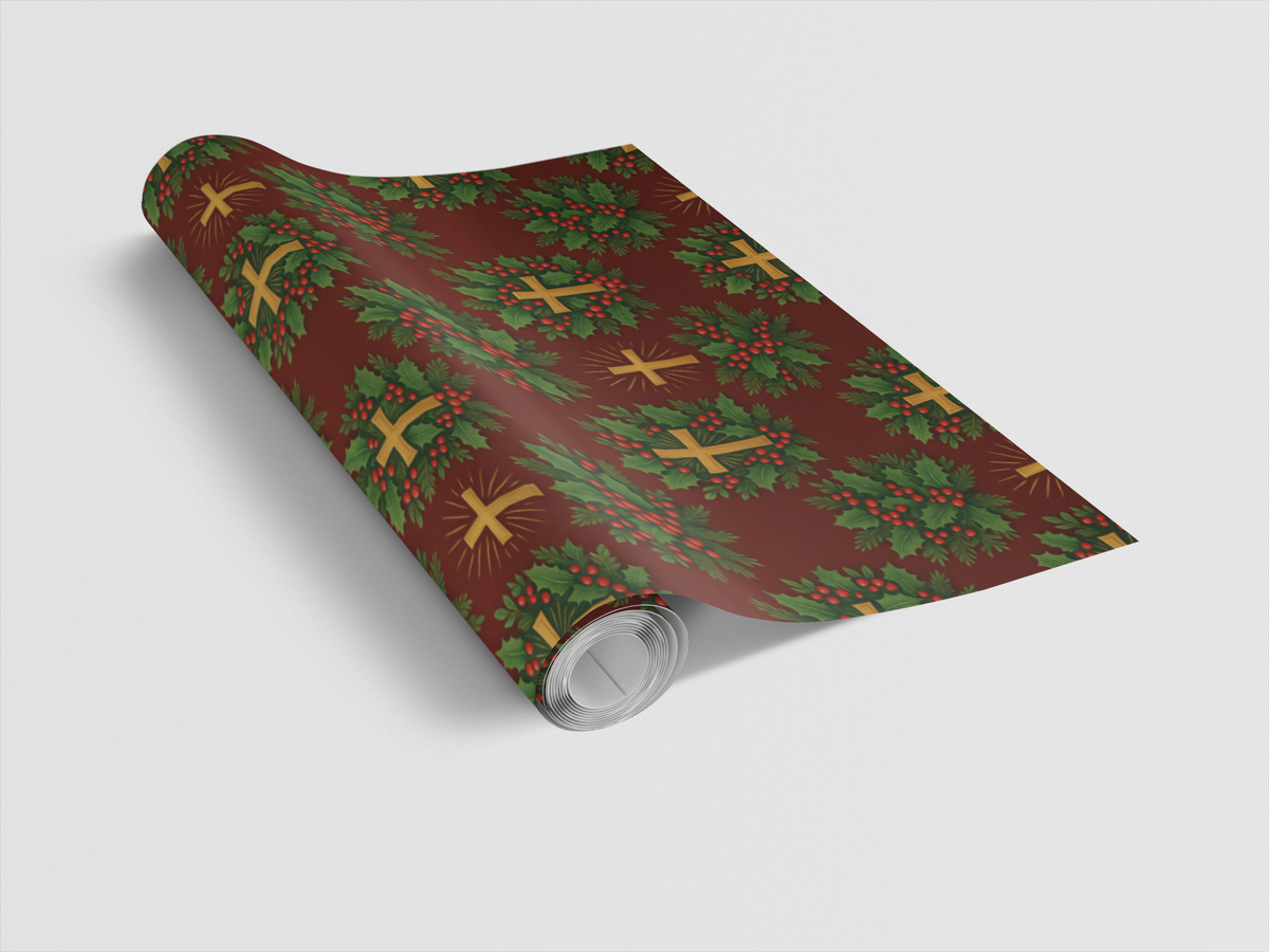 Holly Berry Christmas Gift Wrap, Gold Cross Wrapping Paper, Religious Christmas Wrapping Paper, Christian Holiday Gift Wrap P