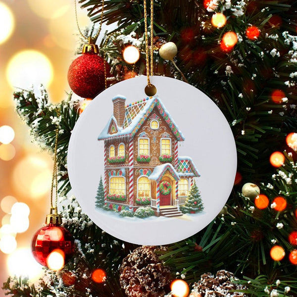 Candy Cane Christmas Tree Ornament, Gingerbread House Ornament, Holiday Ceramic Ornament, Festive Winter Decor, Xmas Keepsake