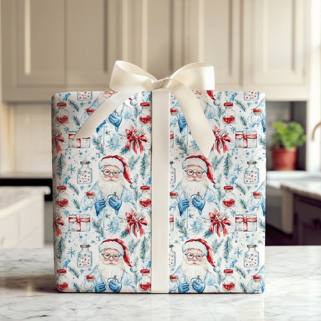 Medical Holiday Gift Wrap, Scientist Santa Wrapping Paper, Lab Coat Santa Christmas Paper, Science Gift Wrap, Doctor Nurse Ho