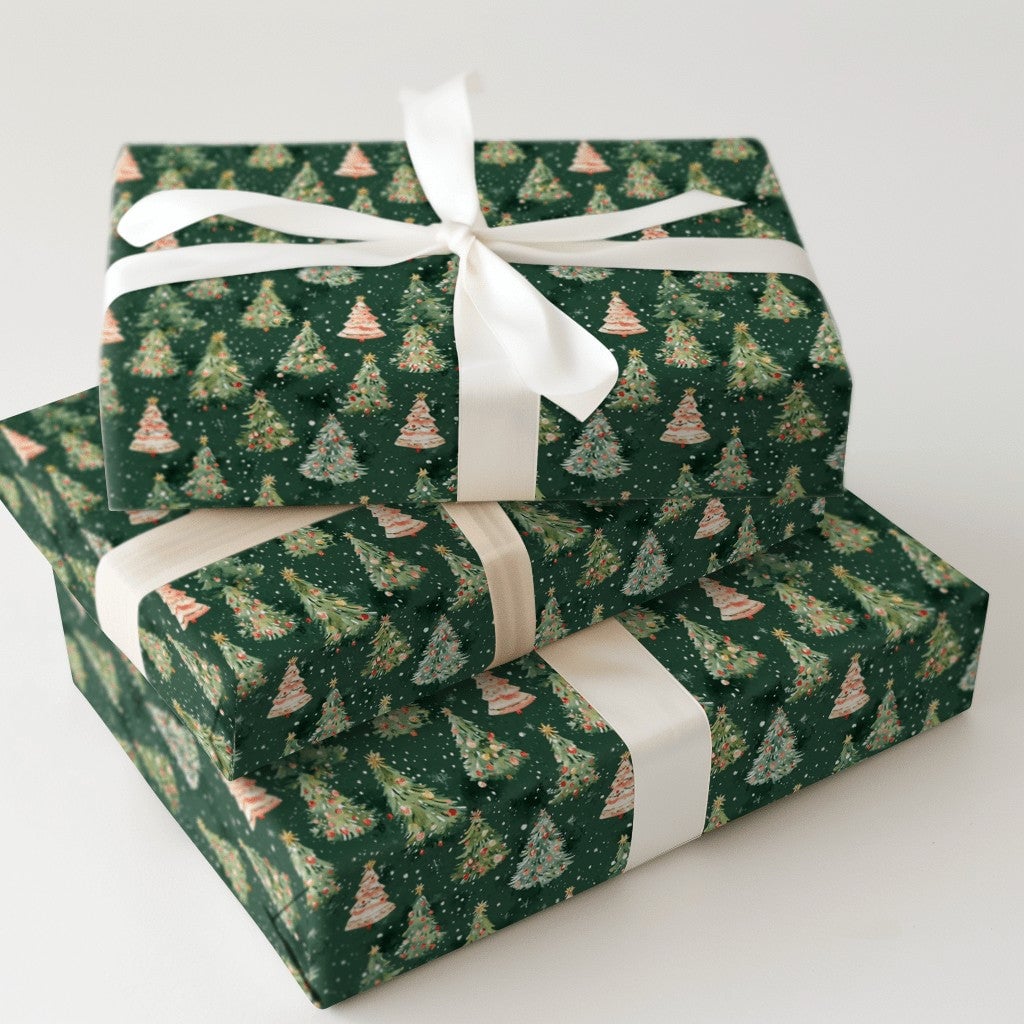 Forest Tree Holiday Gift Wrap, Watercolor Christmas Tree Wrapping Paper, Snowy Winter Wrapping Paper, Festive Xmas Gift Wrap 