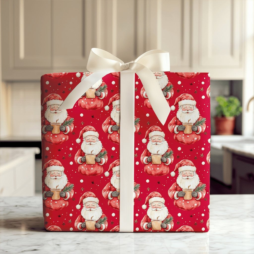 Red Cocoa Santa Claus Gift Wrap, Adorable Santa Christmas Wrapping Paper, Snowflake Holiday Wrapping Paper, Retro Xmas Gift W