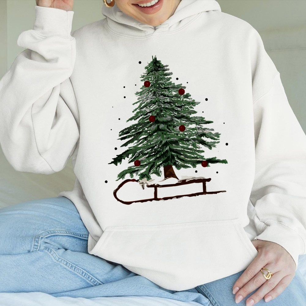 Watercolor Winter Sled Hoodie, Christmas Tree Hoodie, Holiday Sledding Pullover, Comfy Winter Christmas Hoodie, Merry Xmas Se