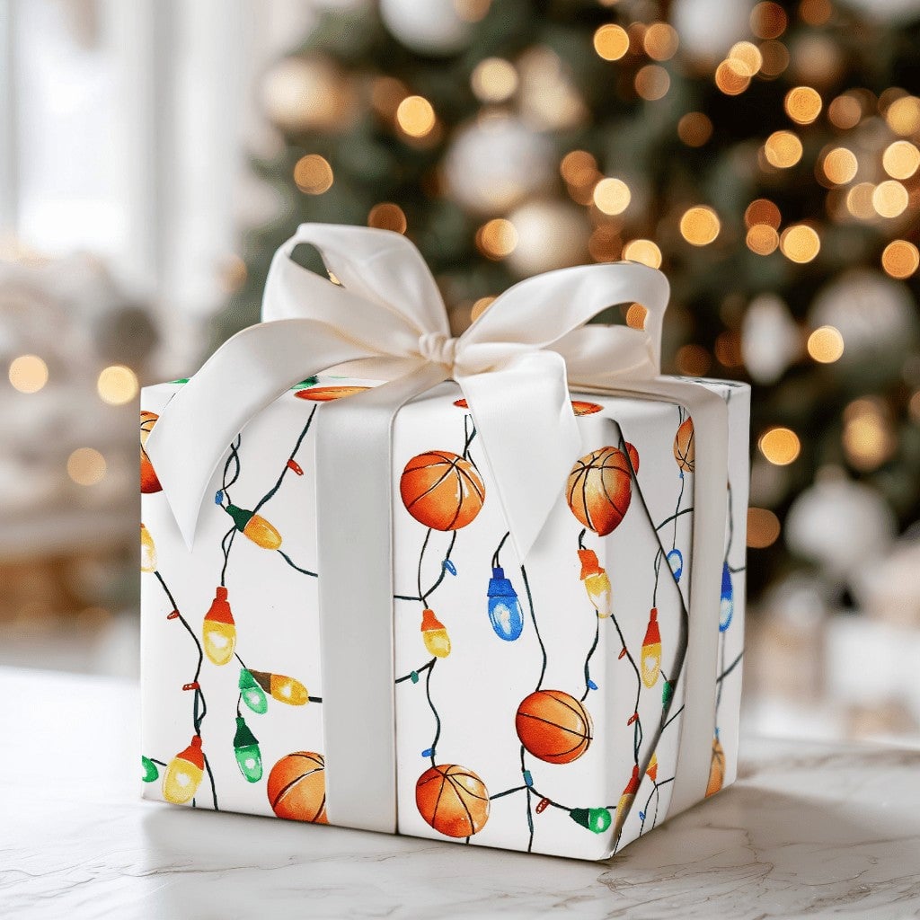 Sports Holiday Gift Wrap, Basketball Christmas Wrapping Paper, Xmas Lights Wrapping Paper, Basketball Fan Gift Wrap, Holiday 