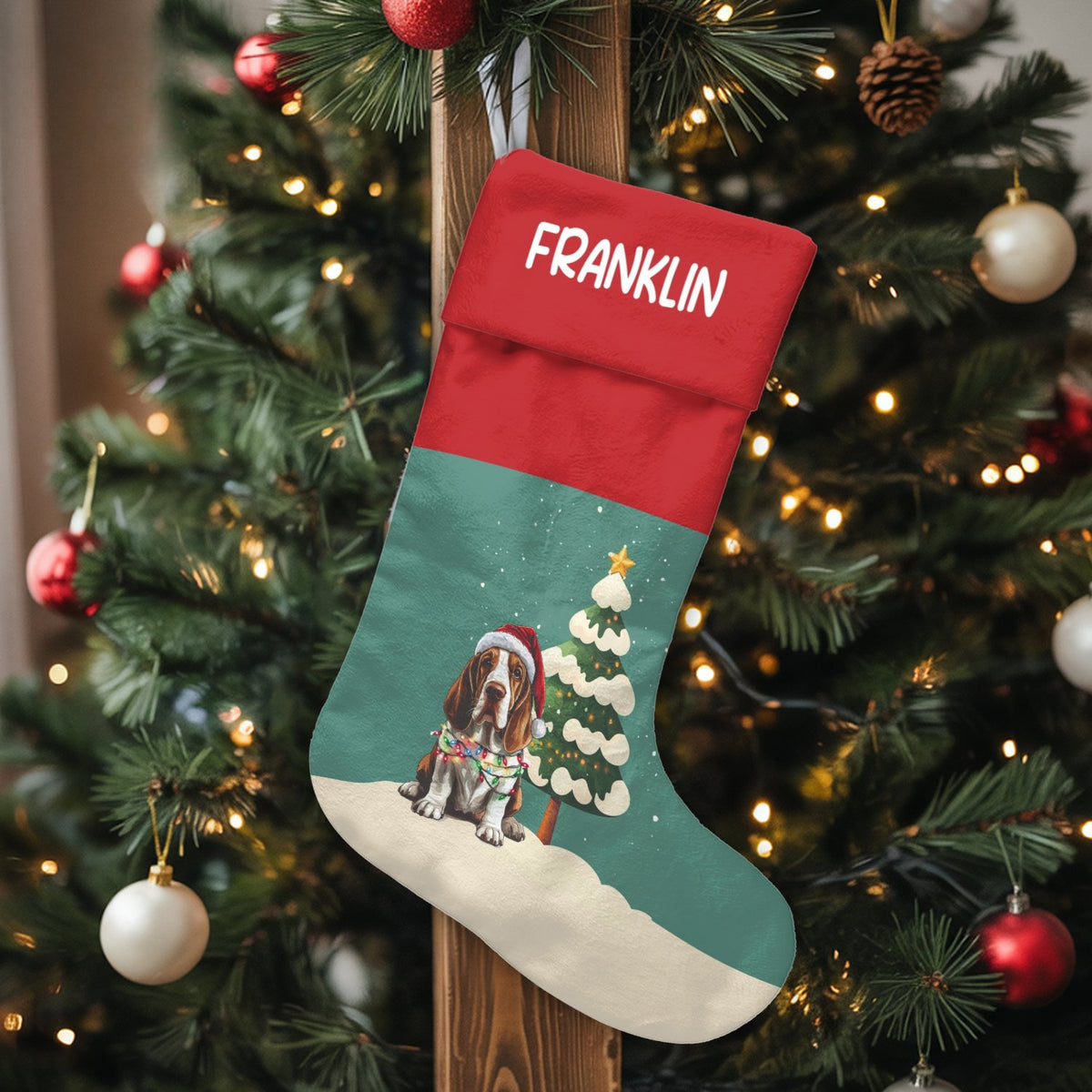 Adorable Dog Santa Hat Stocking, Personalized Basset Hound Christmas Stocking, Custom Pet Christmas Stocking, Holiday Decor P