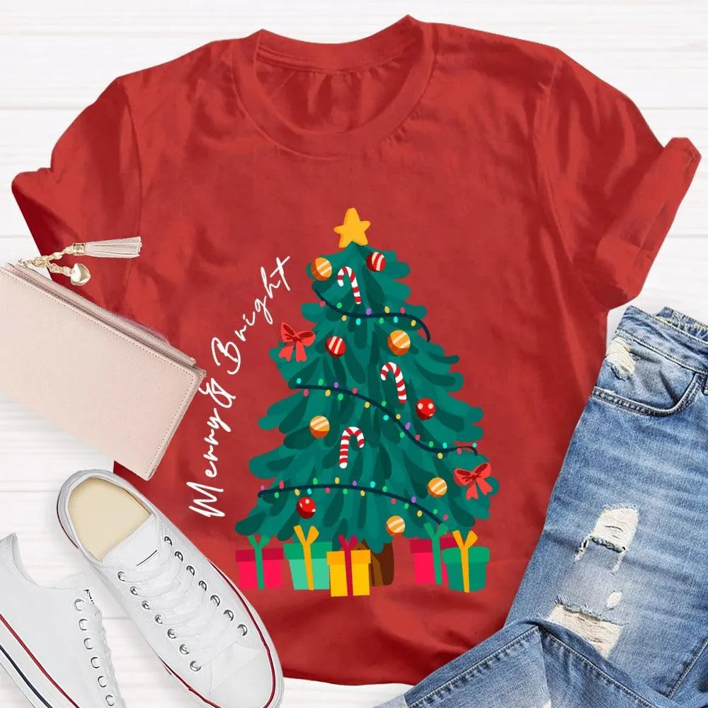 Retro Festive Holiday Graphic Tee, Merry and Bright Christmas Tree T-Shirt, Adorable Xmas Tree Shirt, Winter Holiday Present