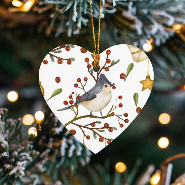 Winter Berries Ceramic Ornament, Watercolor Titmouse Bird Heart Ornament, Nature Lover Christmas Tree Ornament, Holiday Keeps