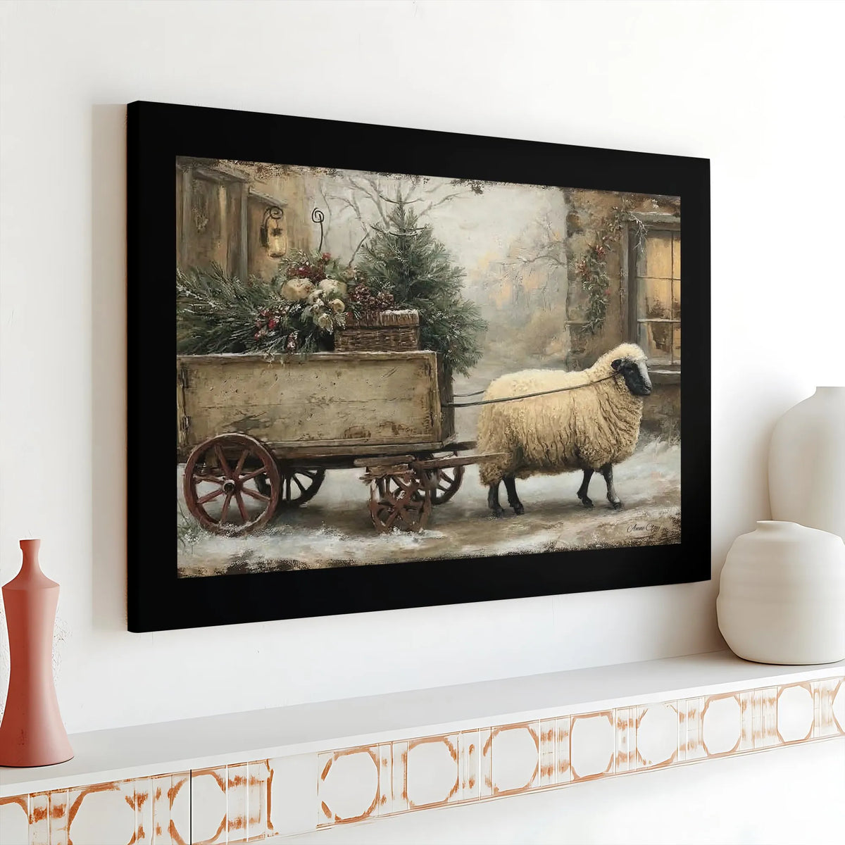 Sheep Winter Cart Canvas Print, Farmhouse Christmas Canvas Wall Art, Rustic Holiday Farm Canvas Painting, Comfy Seasonal Home