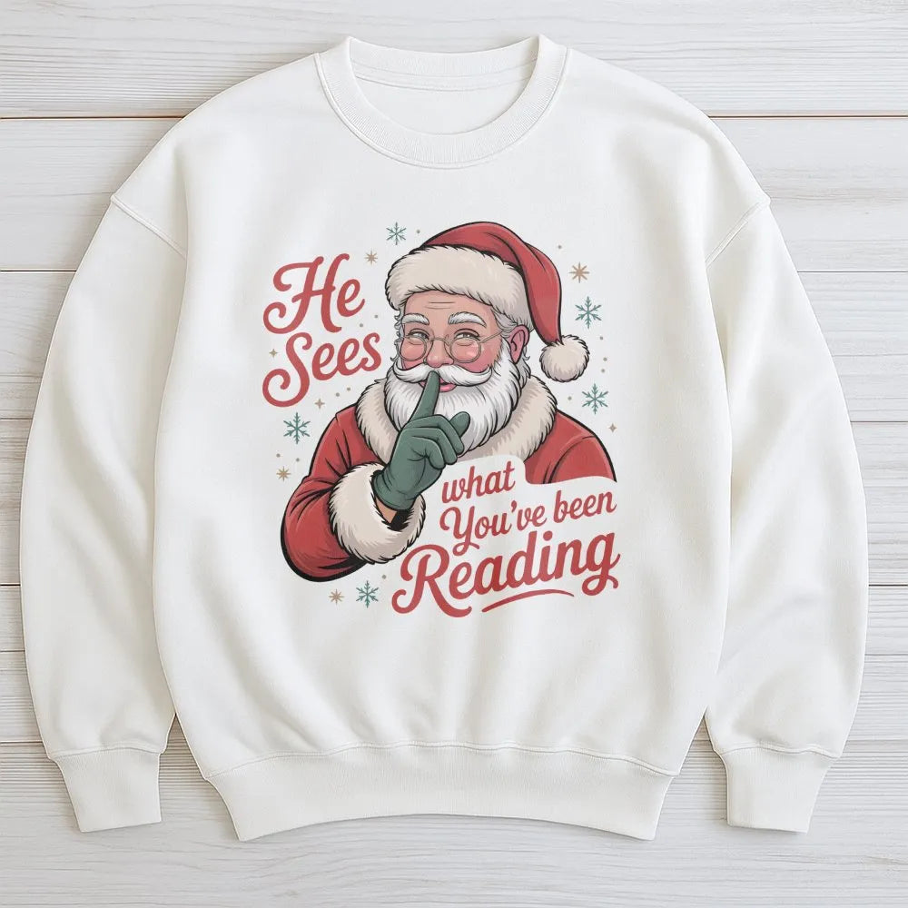 Humorous Bookish Santa Crewneck, He Sees What You've Been Reading Sweatshirt, Smut Reader Christmas Sweater, Booktok Romantas