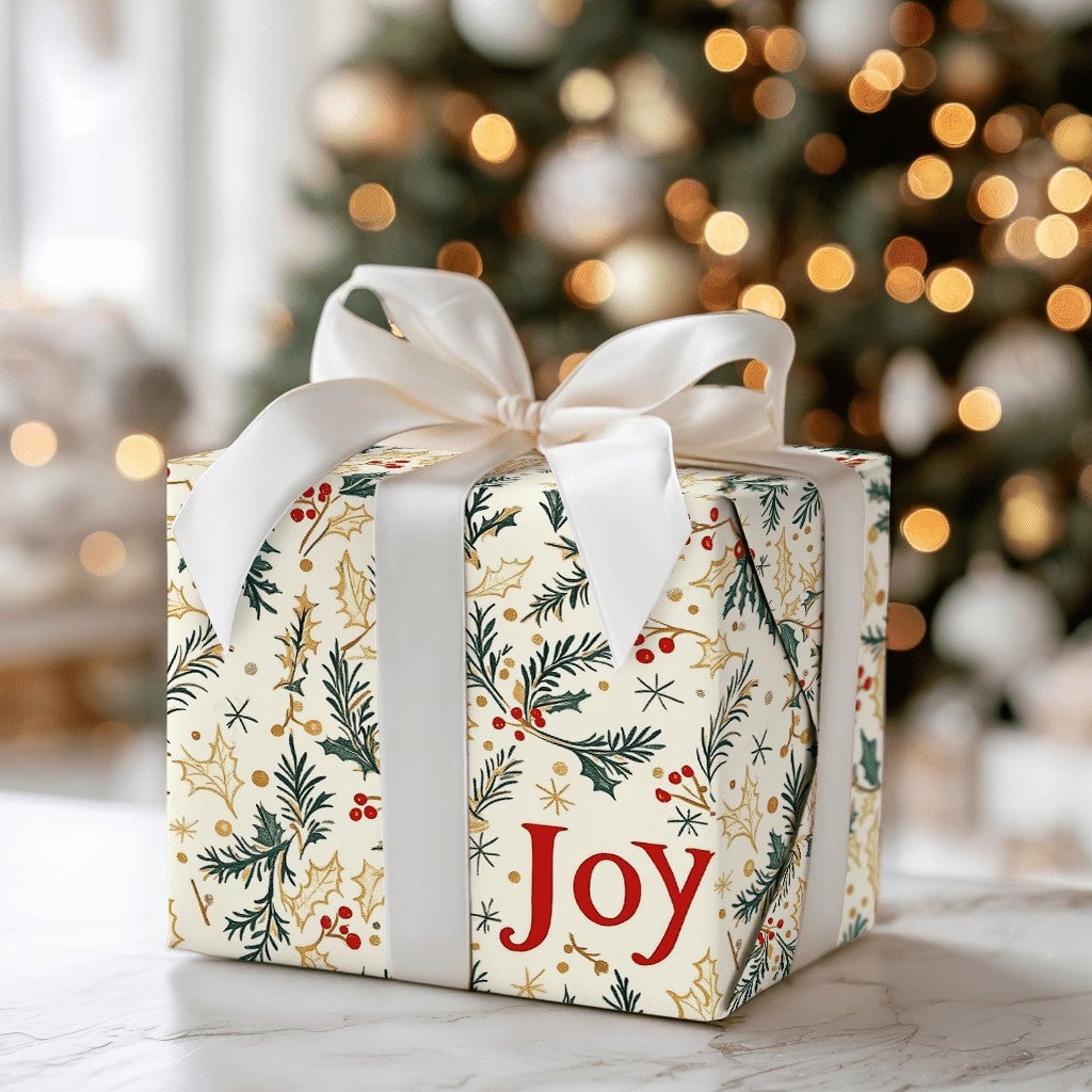Evergreen Foliage Gift Wrap, Joy Holly Berry Christmas Wrapping Paper, Botanical Holiday Wrapping Paper, Elegant Winter Gift 