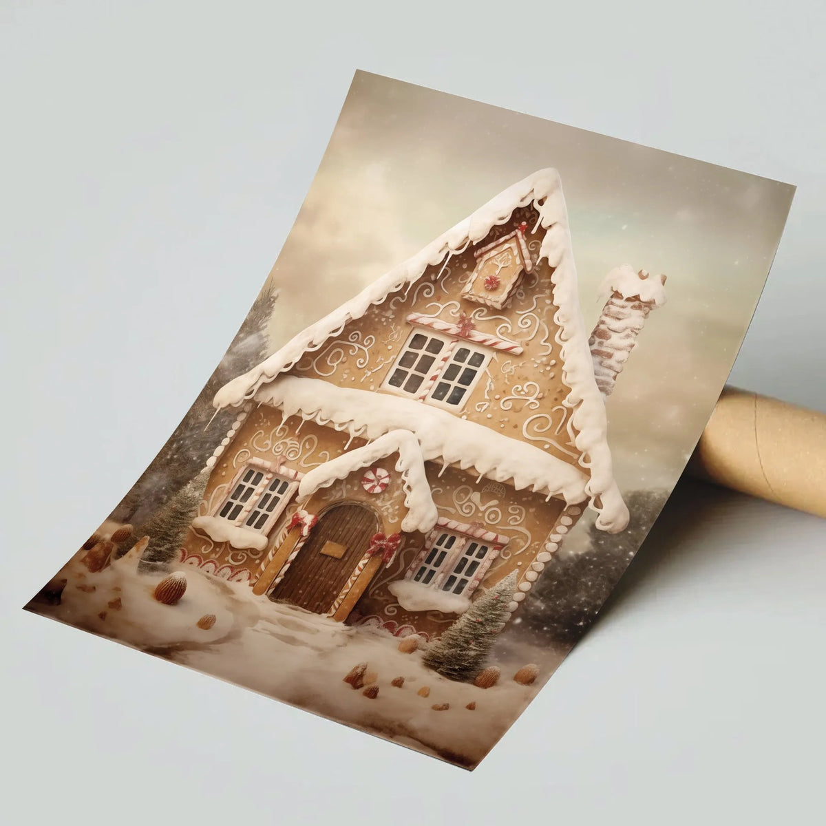 Vintage Winter Holiday Snow Poster, Gingerbread House Christmas Wall Art, Comfy Festive Christmas Cottage Print, Xmas Decor, 