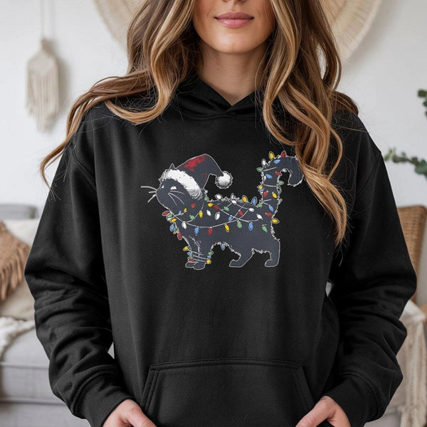 Black Kitten Tangled Holiday Lights Sweatshirt, Christmas Cat Hoodie, Humorous Festive Feline Pullover, Adorable Cat Mom Xmas
