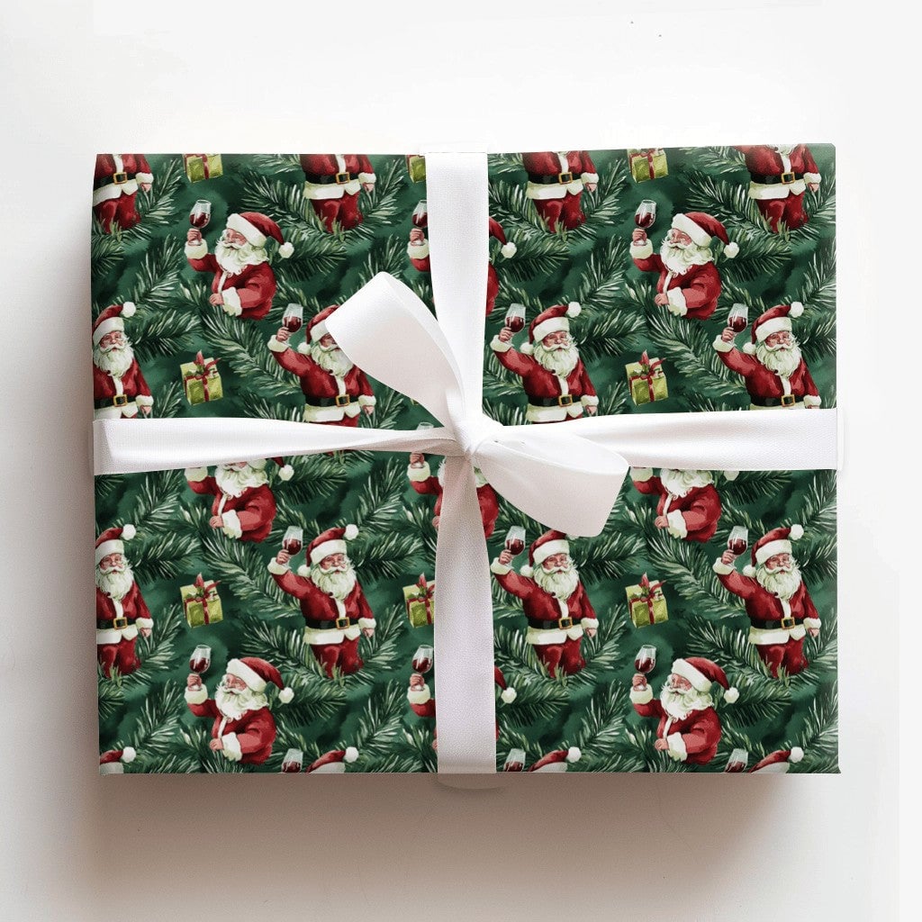 Humorous Wine Lover Gift Wrap, Santa Wine Toast Christmas Wrapping Paper, Holiday Santa Claus Wrapping Paper, Festive Pine Pr
