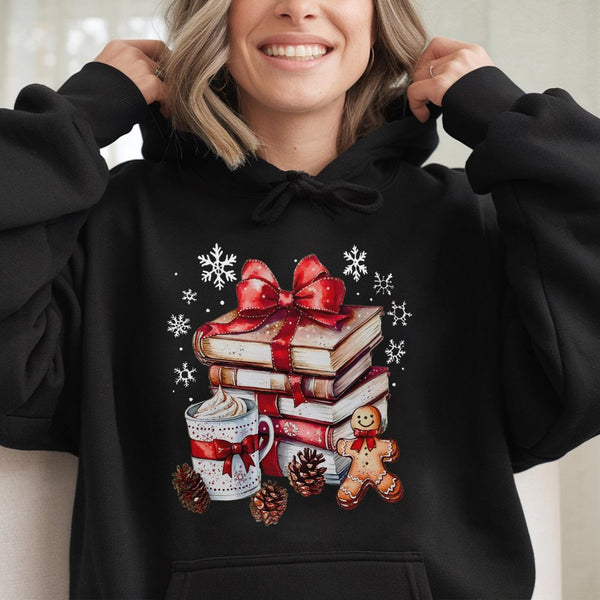 Book Lover Holiday Reading Sweatshirt, Christmas Book Hoodie, Gingerbread Reader Hooded Pullover, Comfy Bookish Xmas Apparel 