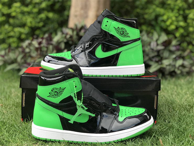 High Top Sneakers, Black Green Colorway, Patent Leather Footwear, Lace Up Design, Casual Gift for Sneaker Fans