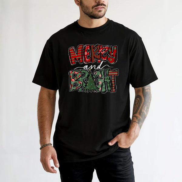 Plaid Tree Holiday Shirt, Merry and Bright Christmas T-Shirt, Festive Graphic Tee, Adorable Xmas Tree T-Shirt, Winter Holiday