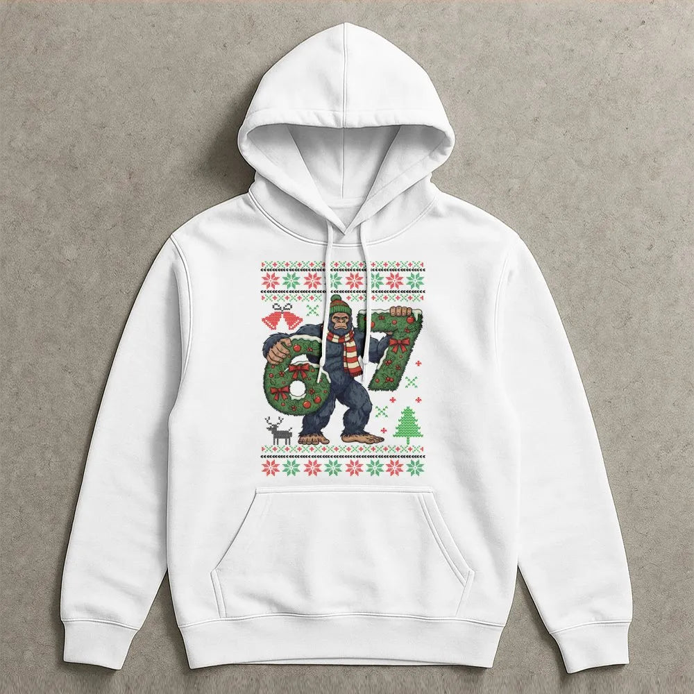 Sasquatch Ugly Xmas Hoodie, Humorous Bigfoot Christmas Hoodie, Retro Sasquatch Holiday Sweatshirt, Winter Christmas Hoodie, B