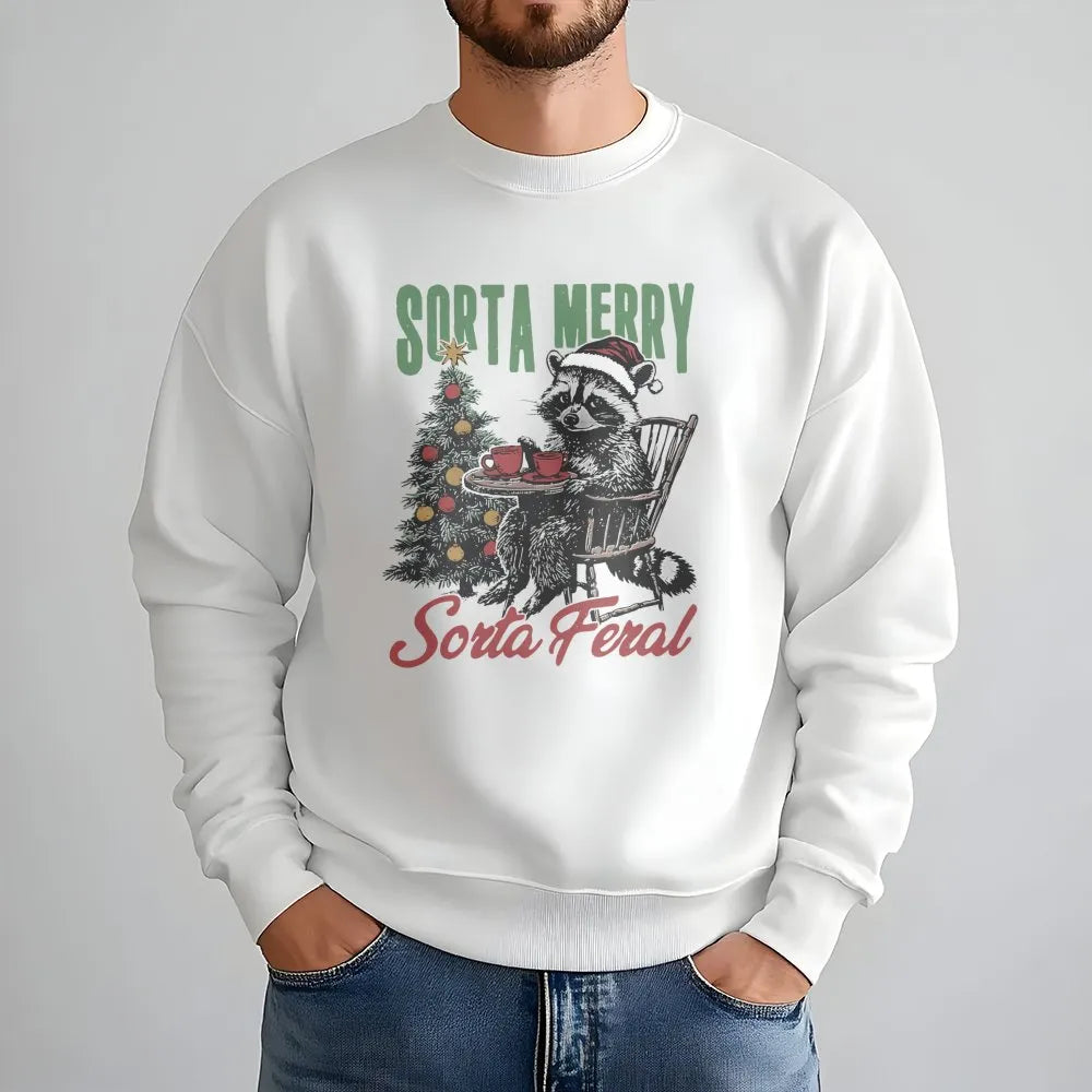 Humorous Christmas Animal Sweatshirt, Sorta Merry Sorta Feral Raccoon Sweatshirt, Sarcastic Holiday Crewneck, Winter Trash Pa
