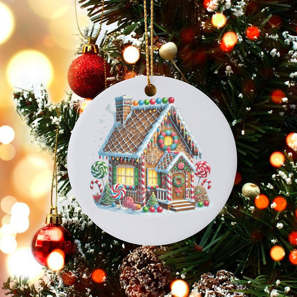 Candy Cane Holiday Ornament, Gingerbread House Christmas Ornament, Ceramic Xmas Tree Ornament, Round Sweet Treats Keepsake, S