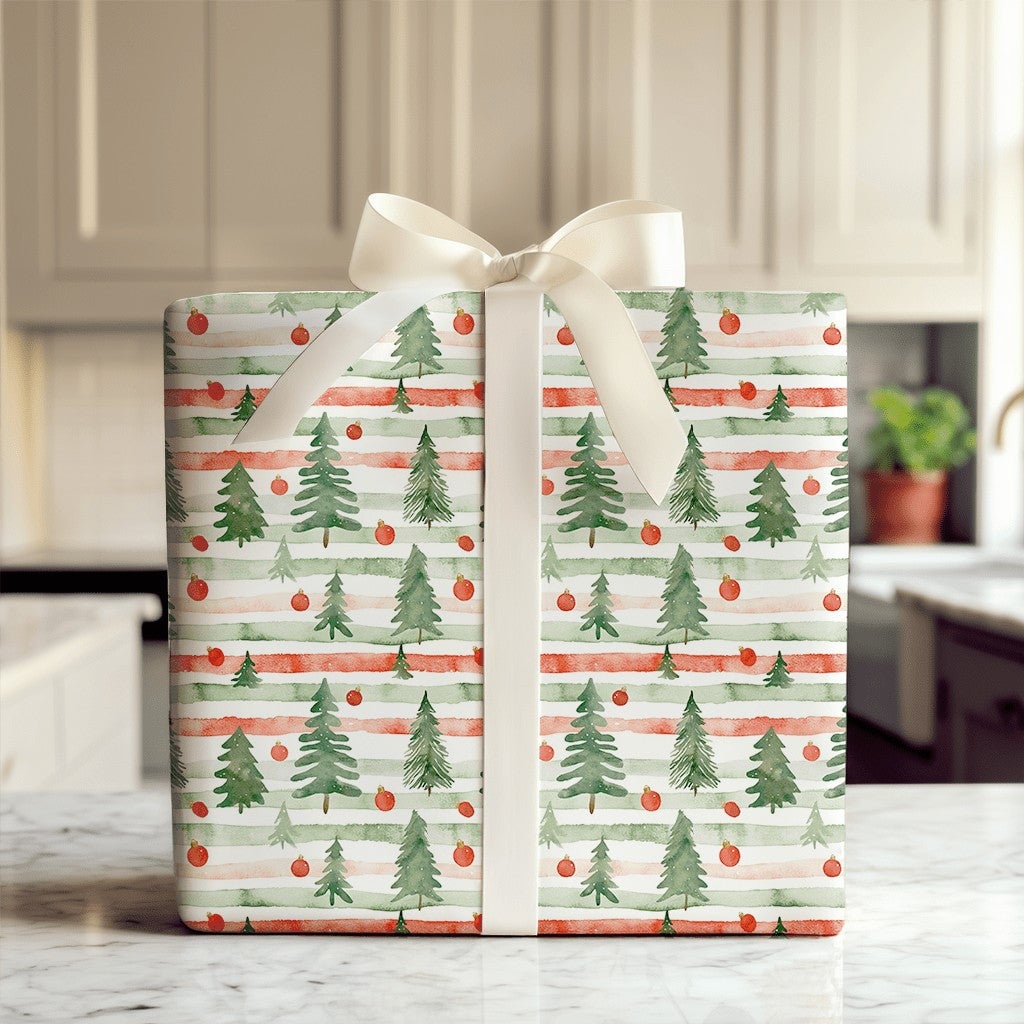 Striped Pine Tree Gift Wrap, Watercolor Christmas Tree Wrapping Paper, Red Green Holiday Wrapping Paper, Festive Winter Prese
