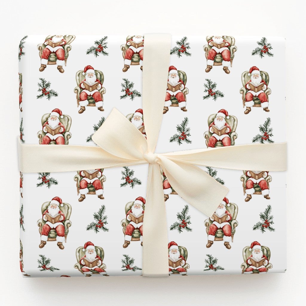 Comfy Bookish Christmas Gift Wrap, Reading Santa Claus Wrapping Paper, Watercolor Santa Present Wrap, Nostalgic Holiday Packa