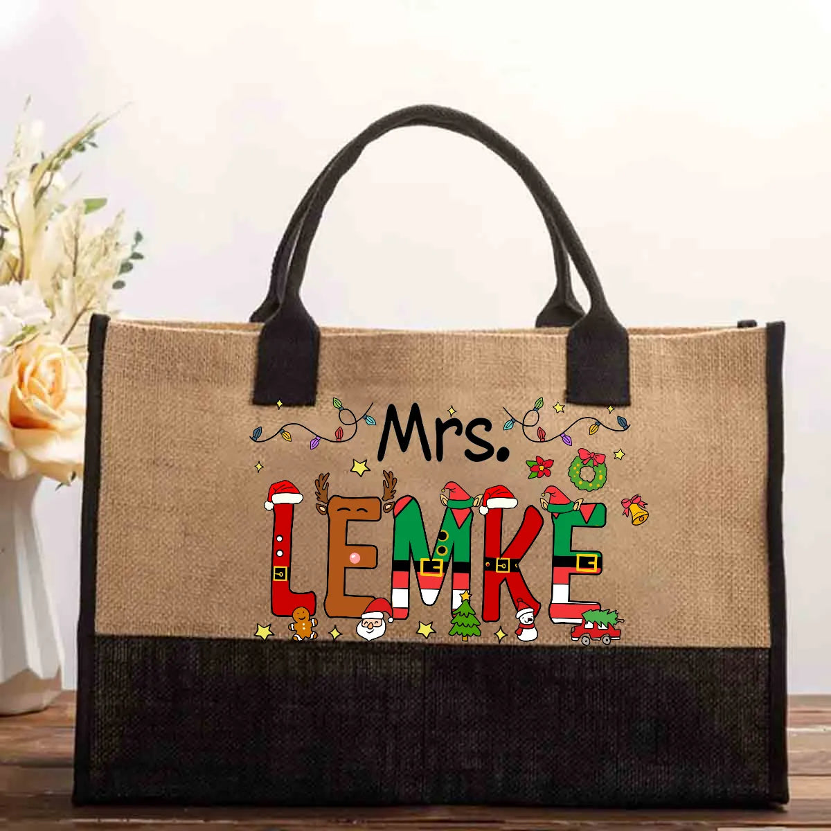 Custom Name Holiday Canvas Shopper, Personalized Christmas Tree Tote Bag, Festive Xmas Shopping Bag, Winter Holiday Present T