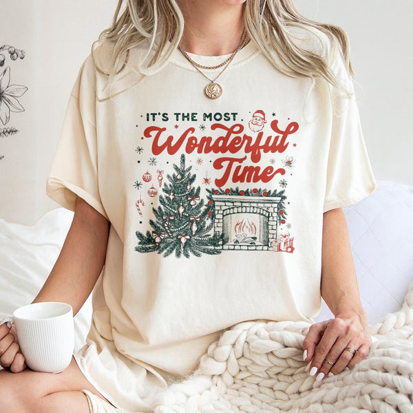 Fireplace and Tree Graphic Tee, Its the Most Wonderful Time Christmas T-Shirt, Nostalgic Holiday Shirt, Comfy Xmas Apparel fo