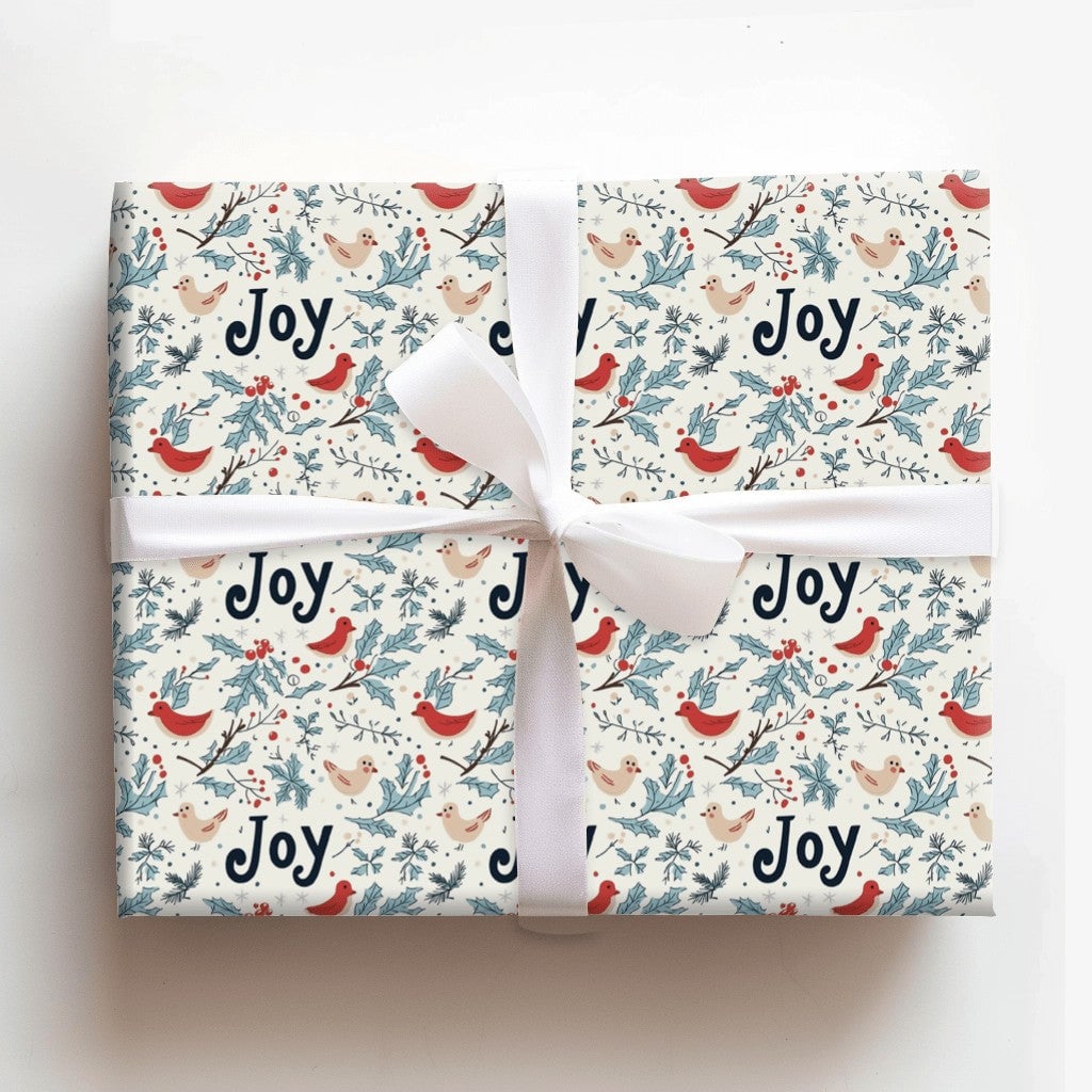 Festive Holly Berry Gift Wrap, Winter Bird Joy Christmas Wrapping Paper, Botanical Xmas Wrapping Paper