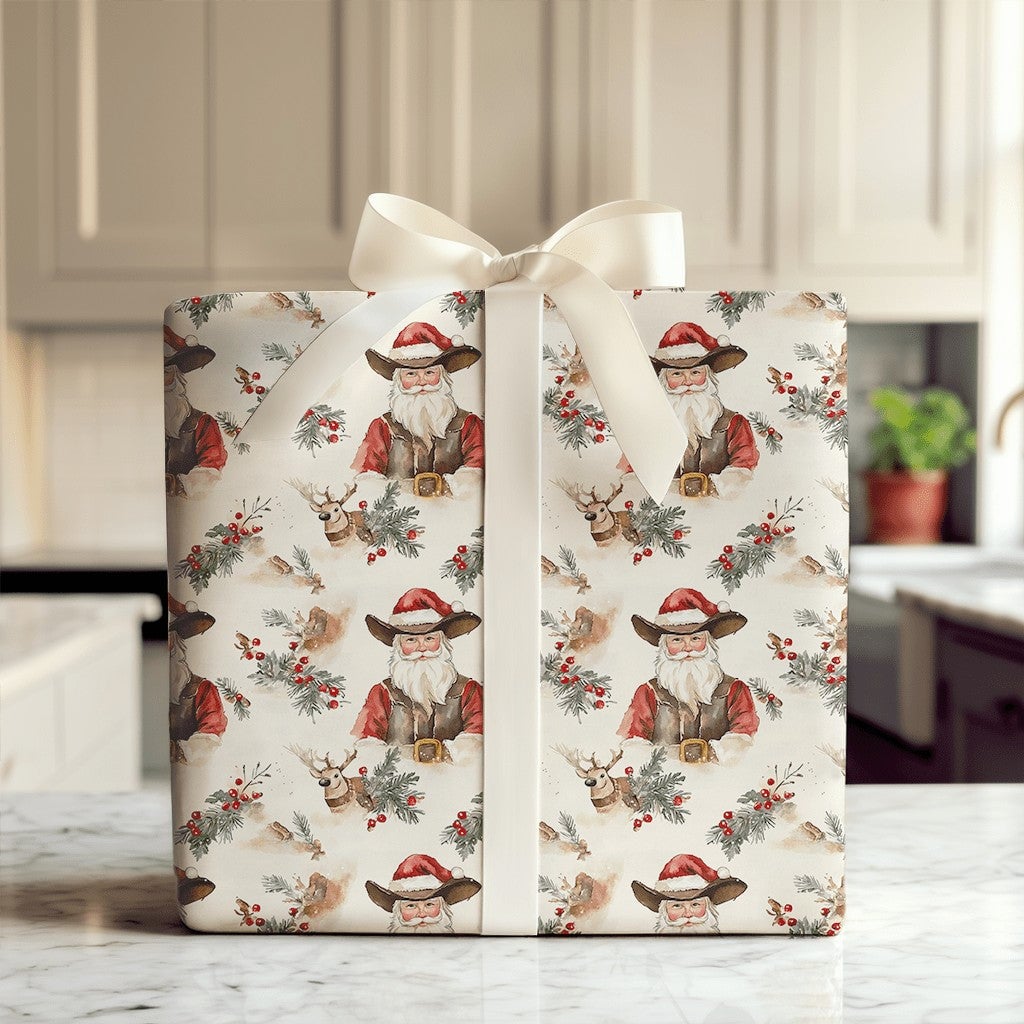 Rustic Reindeer Holiday Gift Wrap, Western Cowboy Santa Wrapping Paper, Country Christmas Wrapping Paper, Pine Holly Berry Xm