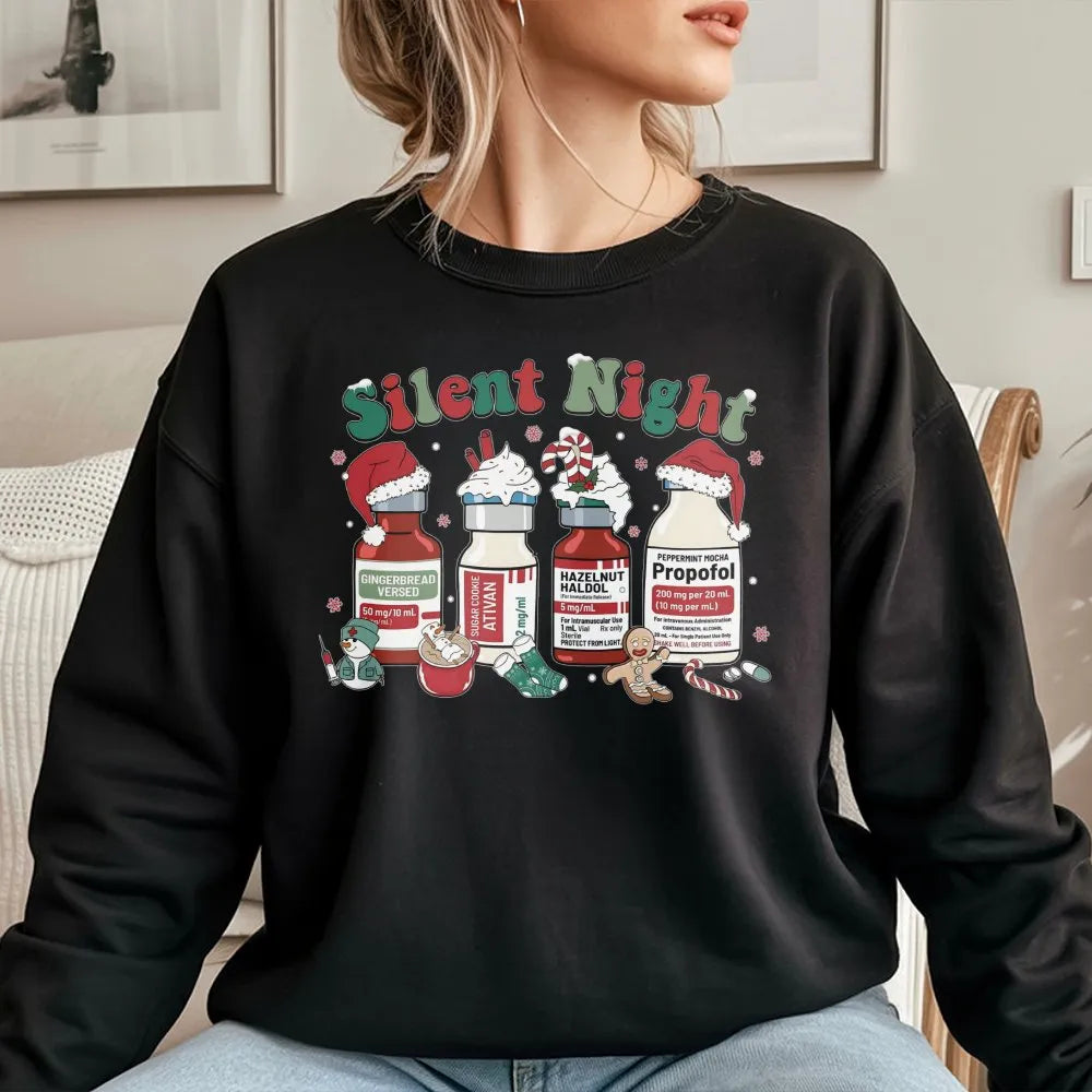 Humorous Healthcare Holiday Crewneck, Silent Night Nurse Christmas Sweatshirt, Medical RN Xmas Graphic Pullover, Hospital Nur