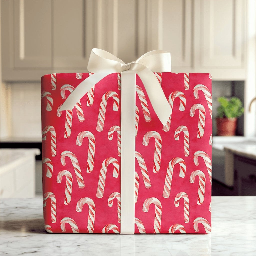 Red Christmas Gift Wrap, Watercolor Candy Cane Wrapping Paper, Festive Holiday Wrapping Paper, Classic Xmas Present Paper Rol