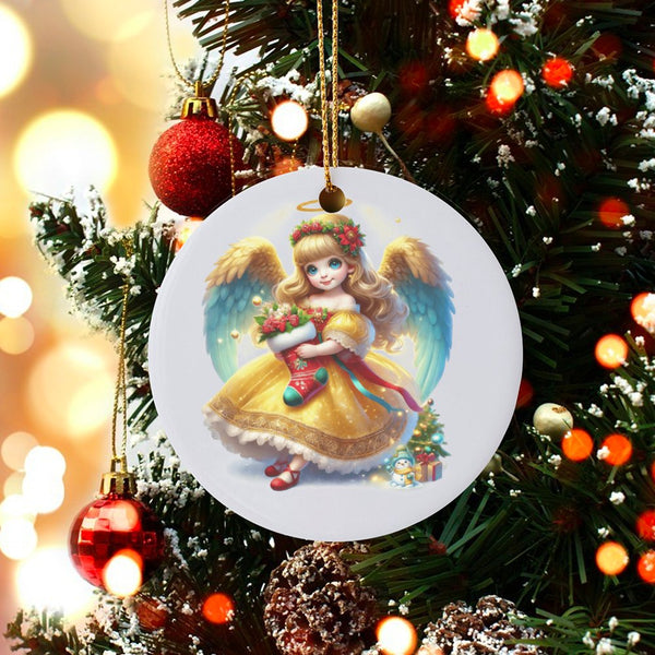 Angel Girl Holiday Tree Ornament, Christmas Angel Ornament, Adorable Stocking Ceramic Ornament, Festive Angel Christmas Ornam