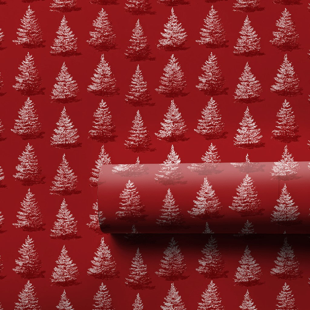 White Pine Tree Pattern Gift Wrap, Red Christmas Wrapping Paper, Classic Rustic Holiday Gift Wrapping Paper, Winter Season Pa