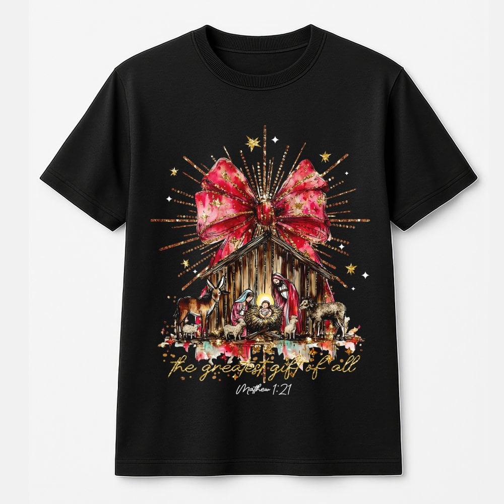 The Greatest Present of All Christian Graphic Tee, Nativity Scene T-Shirt, Jesus Holy Night Shirt, Religious Christmas Holida